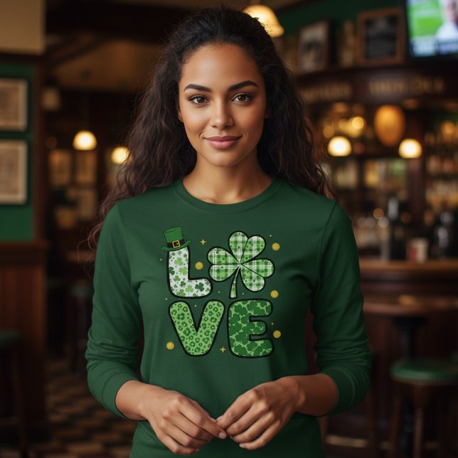 T-shirt St. Patrick's Day LOVE Green Mixed Patterns Clover (Créateur téléchargé)