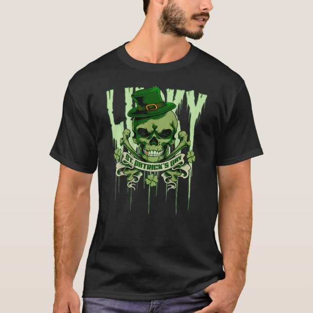 T-shirt St Patrick's Day Skull Irish 4-Leaf Clover Shamroc (Devant)