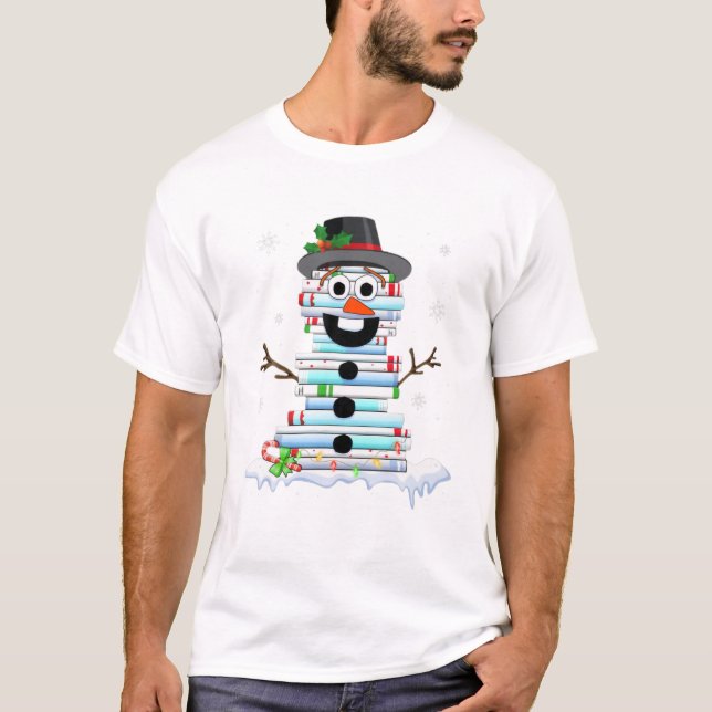 T-shirt Stack de livres Snowman Bibliothécaire de livres L (Devant)