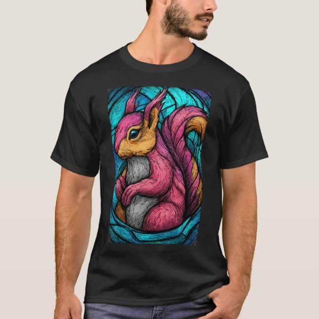 T-shirt Stained-Glass Squirrel – Teal & Magenta Woodland A (Devant)