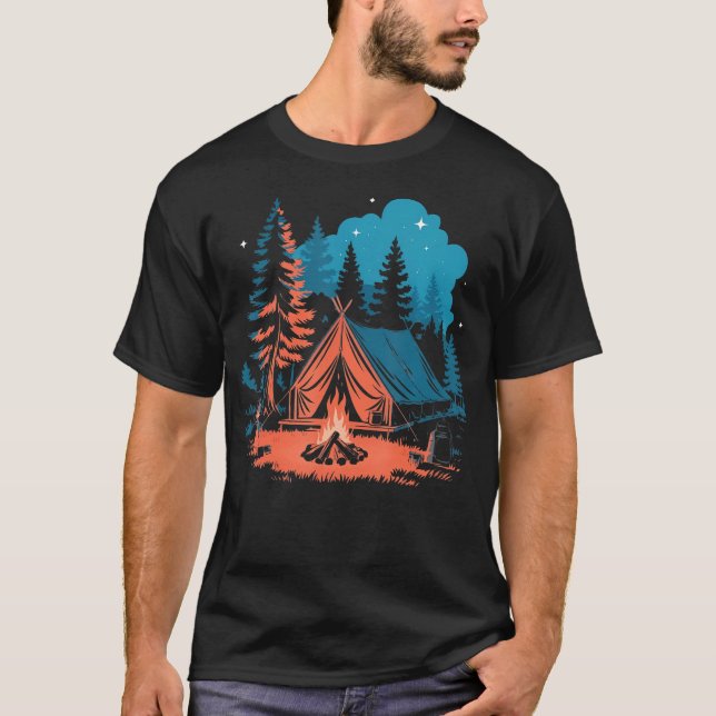T-shirt Starlit Camping Tent Campfire And Pine Trees Adven (Devant)