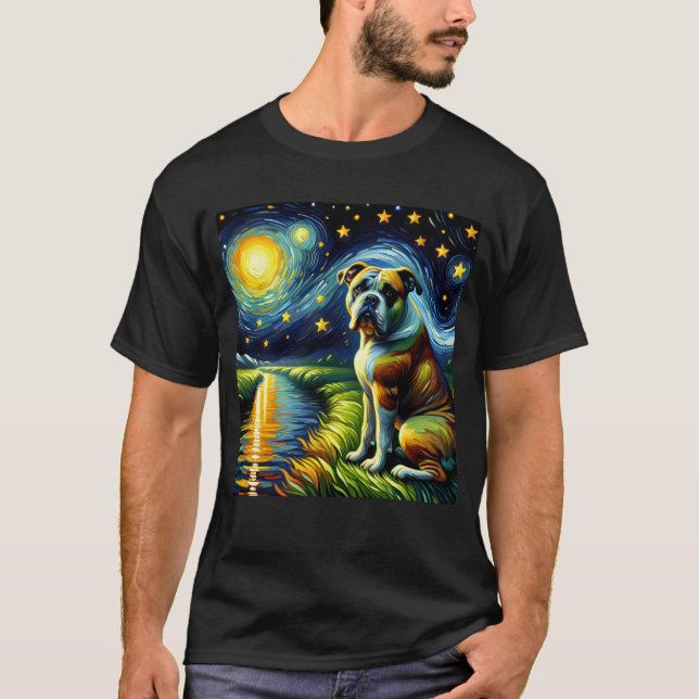 T-shirt Starry Night American Buldog Chien Van Gogh Lover (Devant)