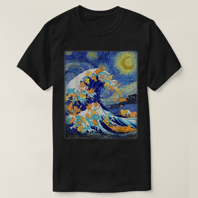 T-shirt Starry Night and Great Wave Cat, Cat Lover, Cat Mo (Design devant)