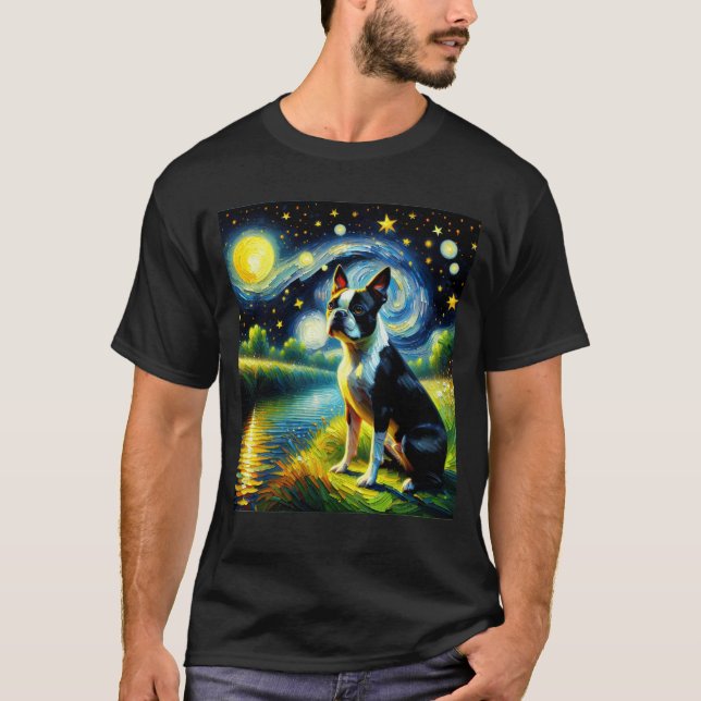 T-shirt Starry Night Boston Terrier Dog Van Gogh Lover (Devant)