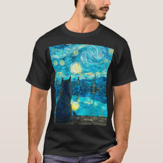 T-shirt Starry Night Cat Art – Van Gogh Style Night