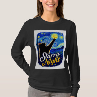 T-shirt Starry Night Cat – Artistic Black Cat Reaching the
