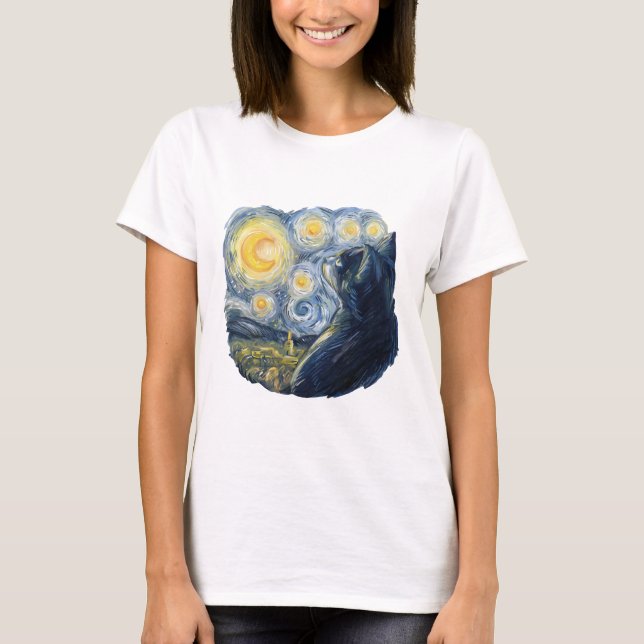 T-shirt Starry Night Cat Artistic Van Gogh Style Art (Devant)