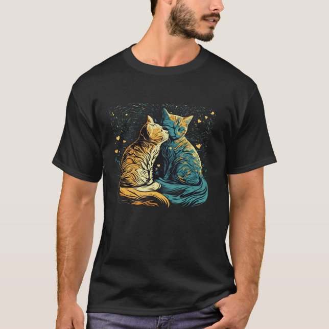T-shirt Starry Night Cat Van Gogh Cat Funny Couples Cat Lo (Devant)
