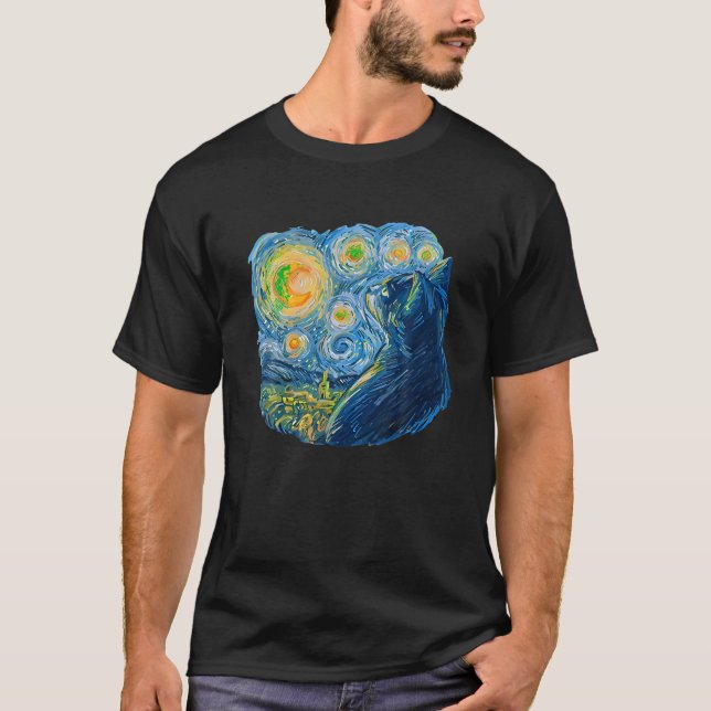 T-shirt Starry Night Cat van Gogh Célèbre Peinture T Chemi (Devant)