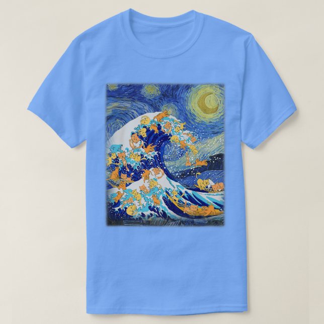 T-shirt Starry Night et Great Wave Chat, Amoureux des chat (Design devant)