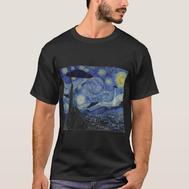 T-shirt Starry Night Funny Van Gogh Peinture UFO Alien Abd (Devant)