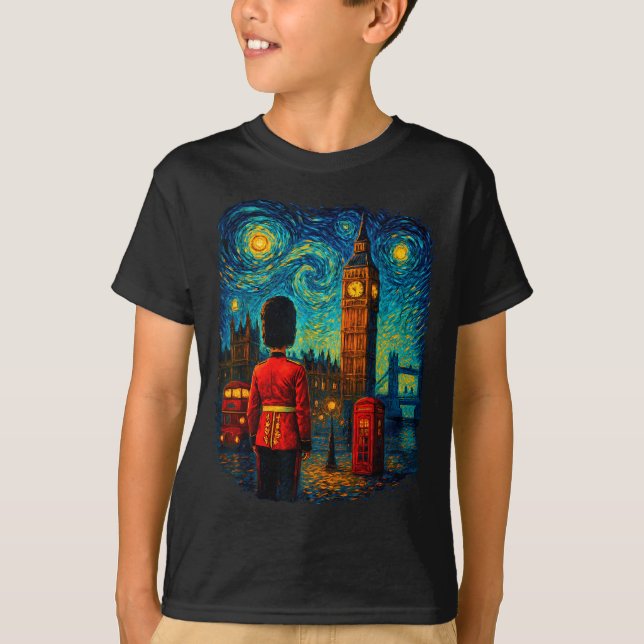 T-shirt Starry Night London Red Telephone Box Queen's Guar (Devant)