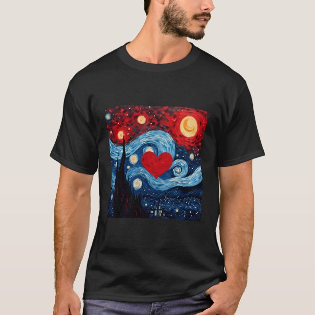 T-shirt Starry Night Red Love Coeur Design (Devant)