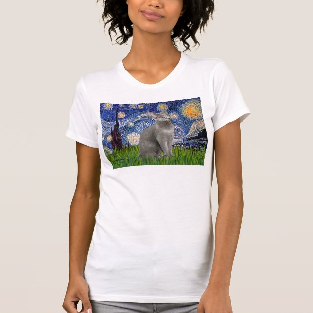 T-shirt Starry Night - Russian Blue cat (Devant)
