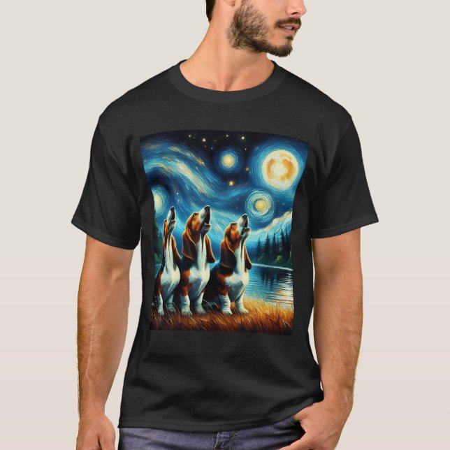 T-shirt Starry Night Trois Basset Hounds hurler à la lune (Devant)