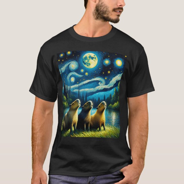 T-shirt Starry Night Trois Capybaras hurler à la lune (Devant)