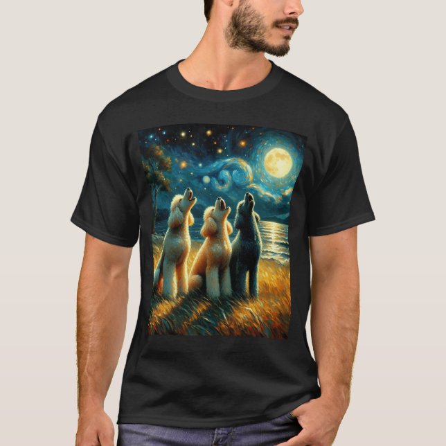 T-shirt Starry Night Trois Poodles hurle à Moon Chien (Devant)