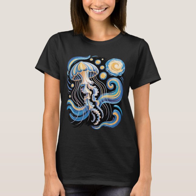 T-shirt Starry night van gogh jellyfish scuba diving surf (Devant)