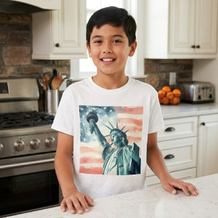 T-shirt Statue de la Liberté à l'aquarelle avec drapeau am