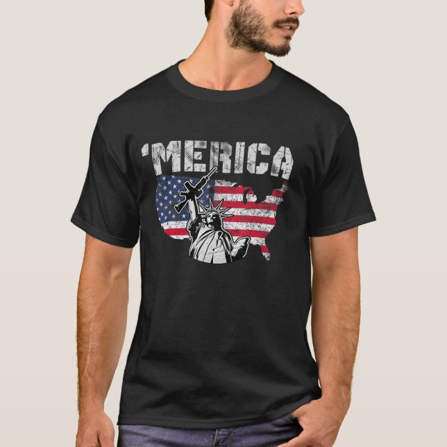 T-shirt Statue De La Liberté Tenant Un Arme - Merica Rouge (Devant)