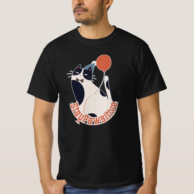 T-shirt Stay Pawsitive Tuxedo Cat Birthday Party Grey  (Devant)
