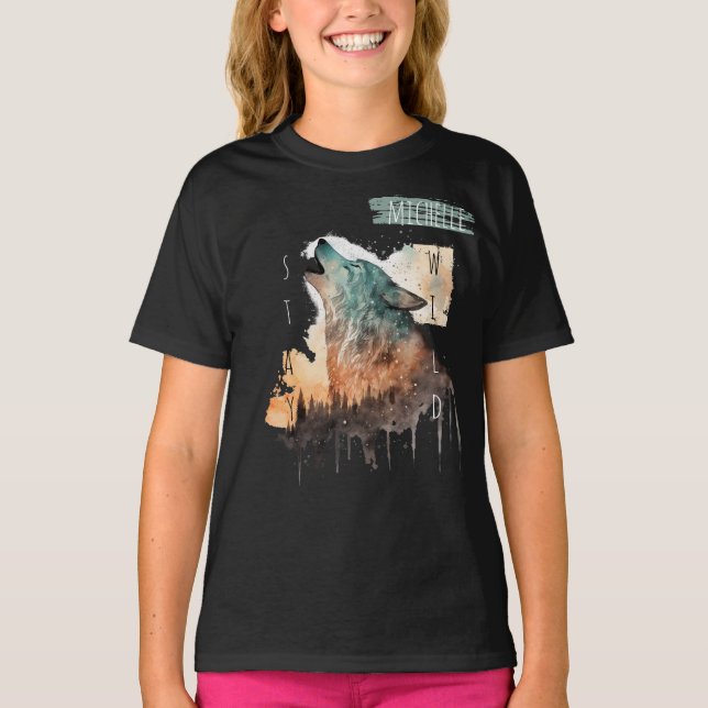 T-shirt "Stay Wild" Howling Wolf Personnalisable Girl's (Devant)