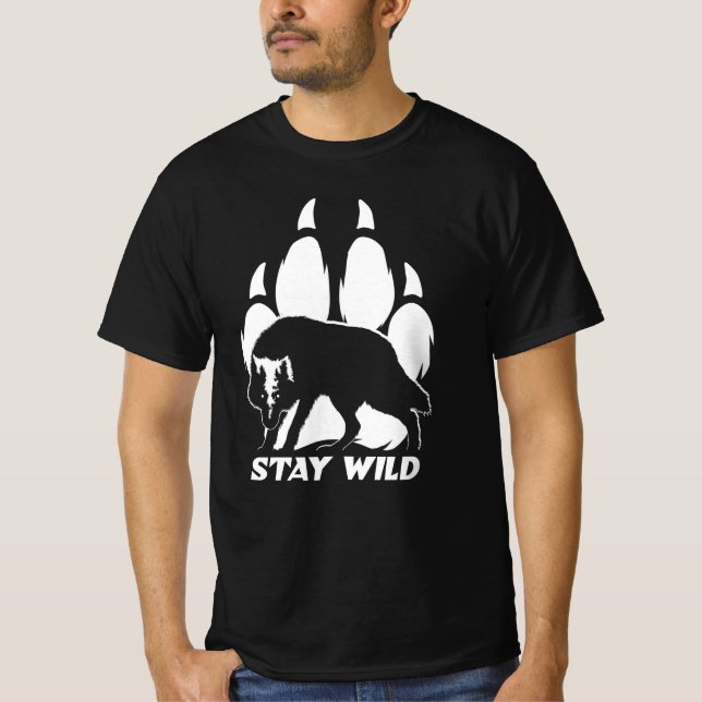 T-shirt Stay Wild - Wolf silhouette et empreinte (Devant)