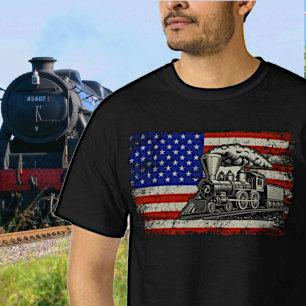 T-shirt Steam Train Engine Railroad on USA American Flag