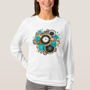 T-shirt Steampunk Clock and Turquoise Roses on Striped