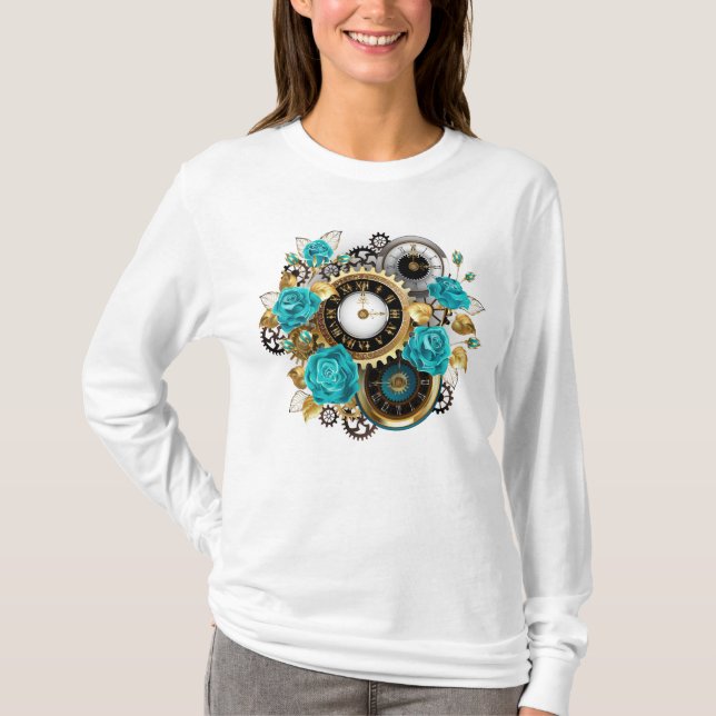 T-shirt Steampunk Clock and Turquoise Roses on Striped (Devant)
