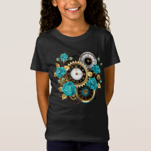 T-Shirt Steampunk Clock and Turquoise Roses on Striped