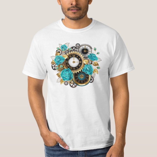 T-shirt Steampunk Clock and Turquoise Roses on Striped (Devant)