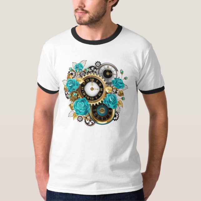 T-shirt Steampunk Clock and Turquoise Roses on Striped (Devant)