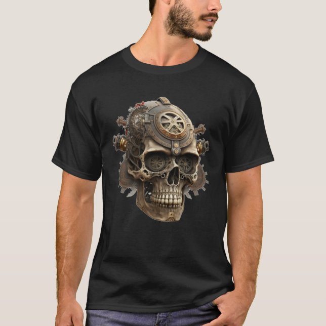 T-shirt Steampunk Dark Skull Retro Scifi Mechanical Gear C (Devant)