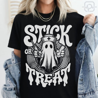 T-shirt Stick Or Treat Fantôme Infirmière Drôle Halloween