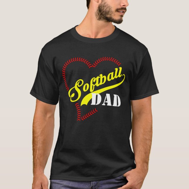 T-shirt Stitt Heart Softball Papa Personnalisé Hommes Noir (Devant)