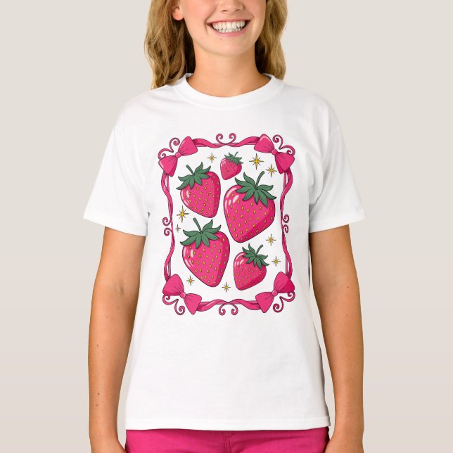 T-shirt Strawberry Coquette Aesthetic Pink Bow Cute Design (Devant)
