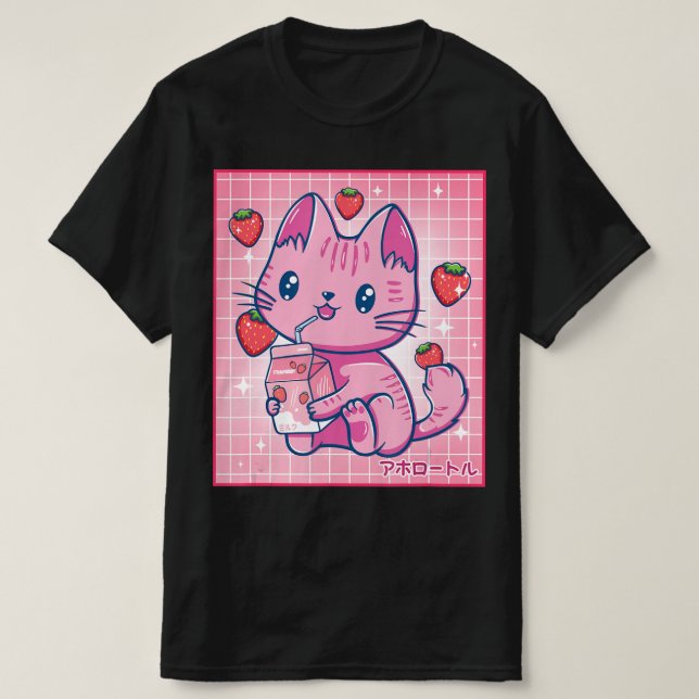 T-shirt Strawberry Shake Strawberry Milk Cat Kawaii Neko G (Design devant)