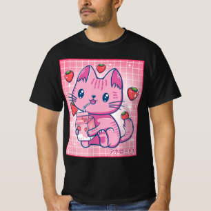 T-shirt Strawberry Shake Strawberry Milk Cat Kawaii Neko G