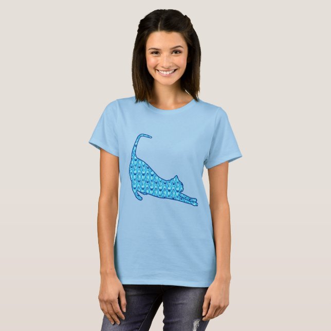 T-shirt Stretting Cat Silhouette dans un Motif Lotus Bleu (Devant entier)