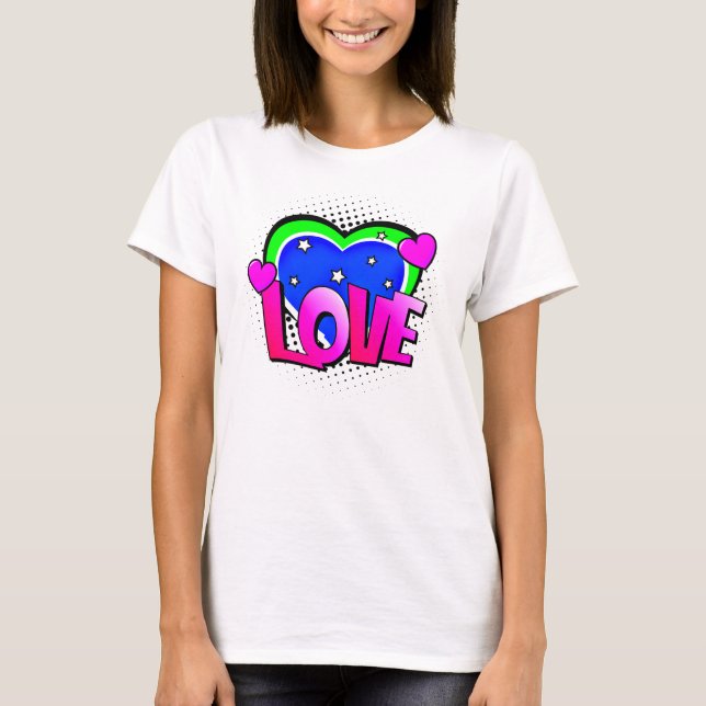 T-shirt Style BD Pop Art Retro Bleu Vert Rose AMOUR (Devant)