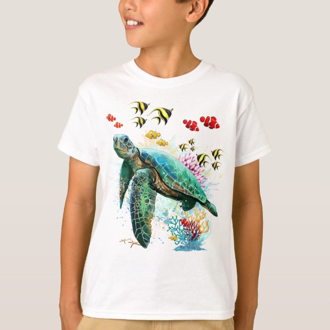 T-shirt Style d'aquarelle sous-marine de tortue marine (Devant)