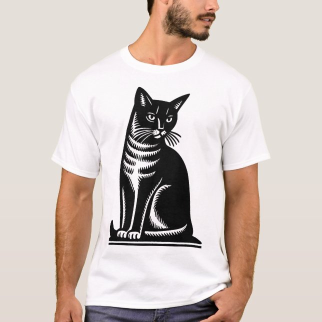 T-shirt Style de gravure sur bois de félin noble (Devant)