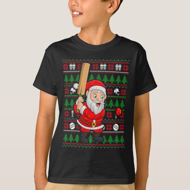 T-shirt Style de pull moche de Noël Santa jouant au cricke (Devant)