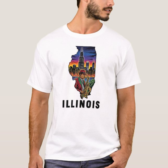 T-shirt Style de tatouage de l'Illinois Style Skyline Jazz (Devant)