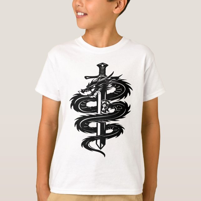 T-shirt Style de tatouage d'épée enveloppée de dragon (Devant)