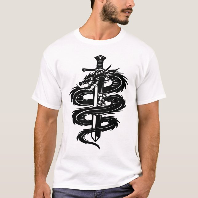 T-shirt Style de tatouage d'épée enveloppée de dragon (Devant)