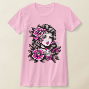 T-shirt Style de tatouage pour femmes Femme avec des roses