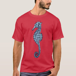 T-shirt Style de tatouage Seahorse en bleu et gris