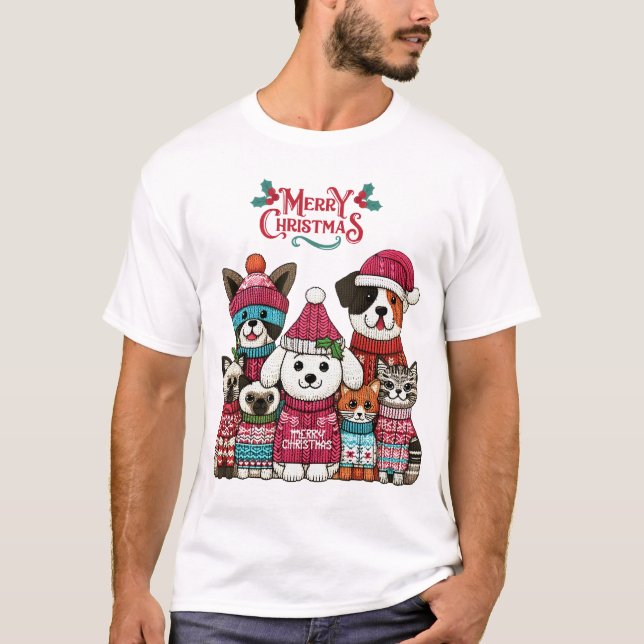T-shirt Style de Tricot pour animaux de Noël (Devant)